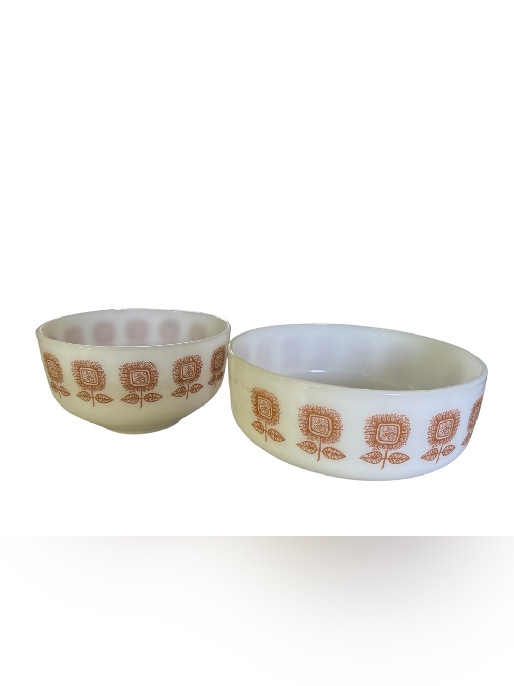 Vintage Milk Glass Nesting Bowls Orange Floral Daisy Set Mid Century Kitchen